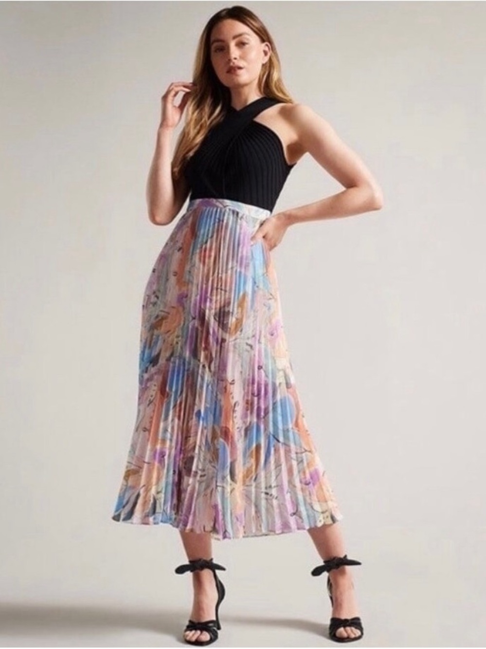 Ted Baker London Pleated Floral Midi Skirt in Multi Pastel